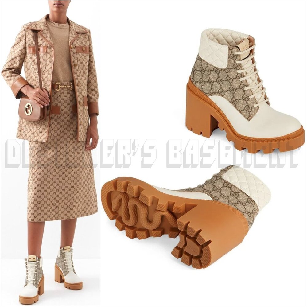 GUCCI 40 beige GG canvas quilted Leather TRIP logo platform Combat ankle Booties - Picture 6 of 14